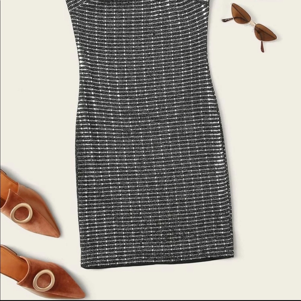 NWT Shein: Sm Blck/Silver Sequence Bodycon Dress - Picture 2 of 8